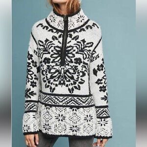 Moth by Anthropologie Black and Cream Floral Turtleneck Sweater XS
